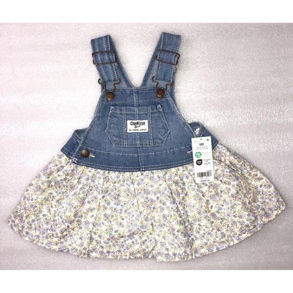 Oshkosh Baby Girl Floral Print Denim Jumper Overall Dress Size 6 Months NEW - Picture 1 of 15
